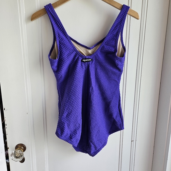 Swim & Sweat Chlorine Resistant AQUAMORE Solid Textured Shirred Front One Piece - Picture 9 of 13